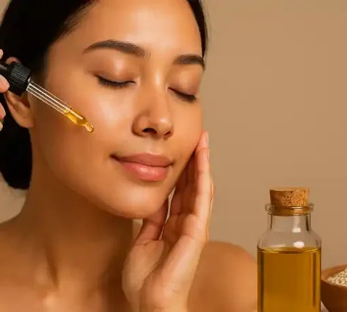Femme appliquant délicatement de l’huile de sésame sur son visage avec une pipette, accompagnée d’un flacon d’huile et d’un bol de graines de sésame.
