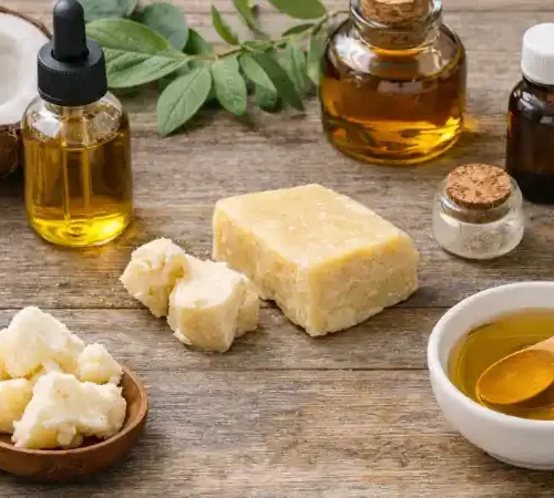 ingrédients naturels pour cosmétiques diy avec beurre de karité, beurre de cacao et huiles végétales