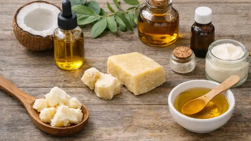 ingrédients naturels pour cosmétiques diy avec beurre de karité, beurre de cacao et huiles végétales