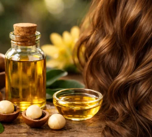 Cheveux brillants et huile de macadamia naturelle avec noix sur fond en bois