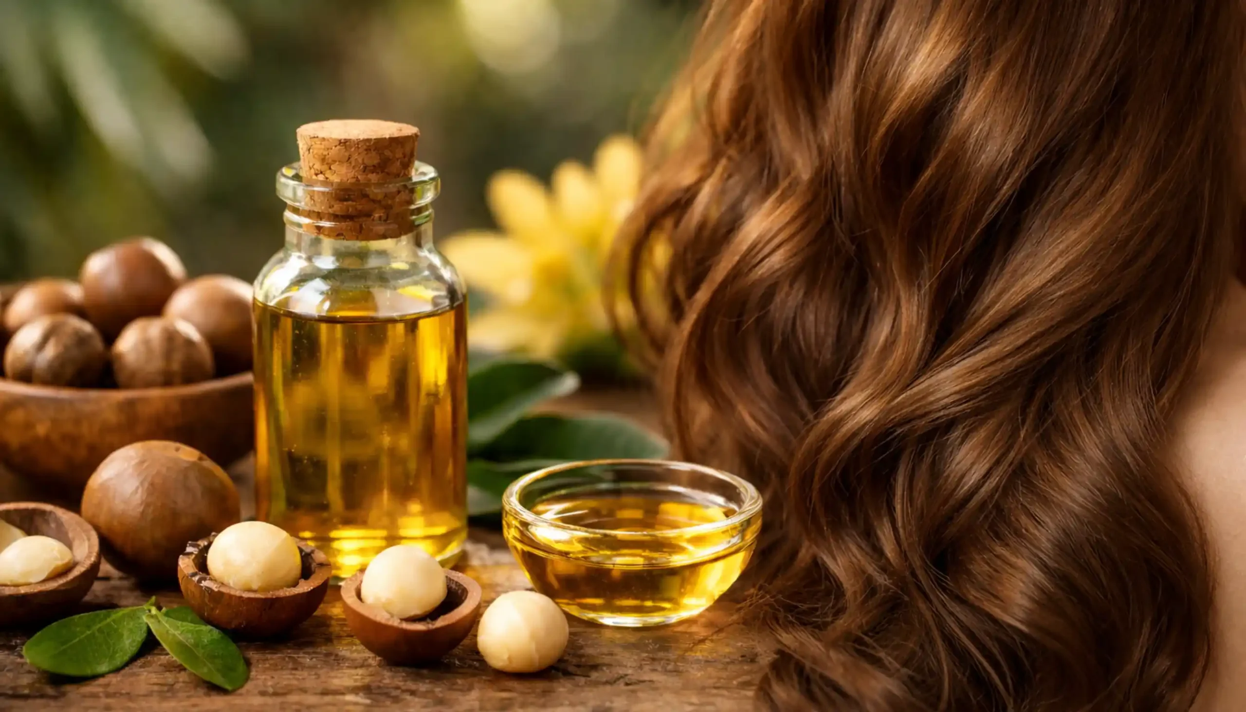 Cheveux brillants et huile de macadamia naturelle avec noix sur fond en bois