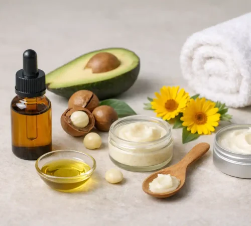 Recette DIY à l’huile de macadamia Flacon d’huile de macadamia, noix entières, avocat, fleurs de calendula et pots de baume sur fond clair, ambiance naturelle et épurée.