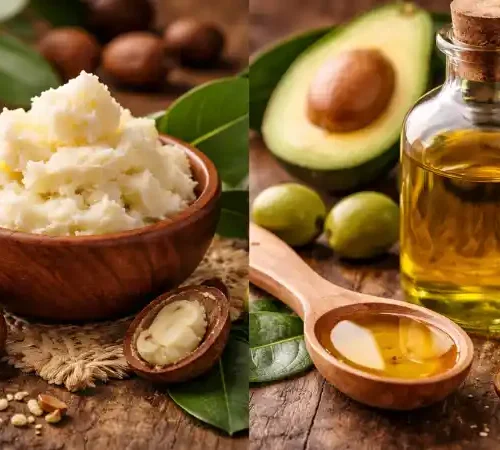 Comparatif huile végétale ou beurre de karité avec beurre brut et huile naturelle en flacon