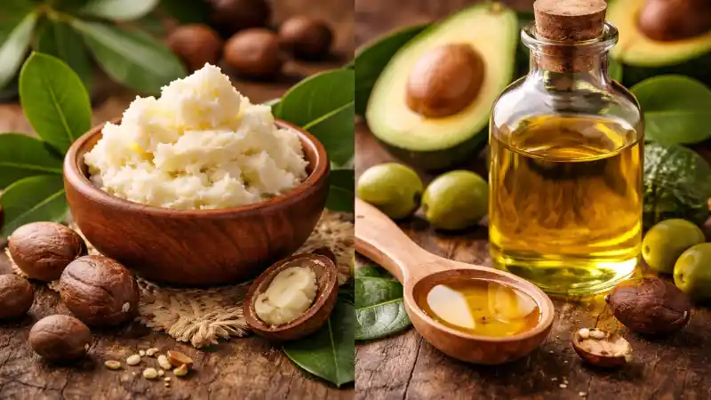 Comparatif huile végétale ou beurre de karité avec beurre brut et huile naturelle en flacon