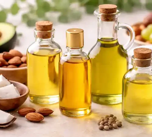 Huile végétale peau sèche : laquelle choisir ? Huile végétale peau sèche naturelle présentée en flacons avec ingrédients comme avocat et amandes