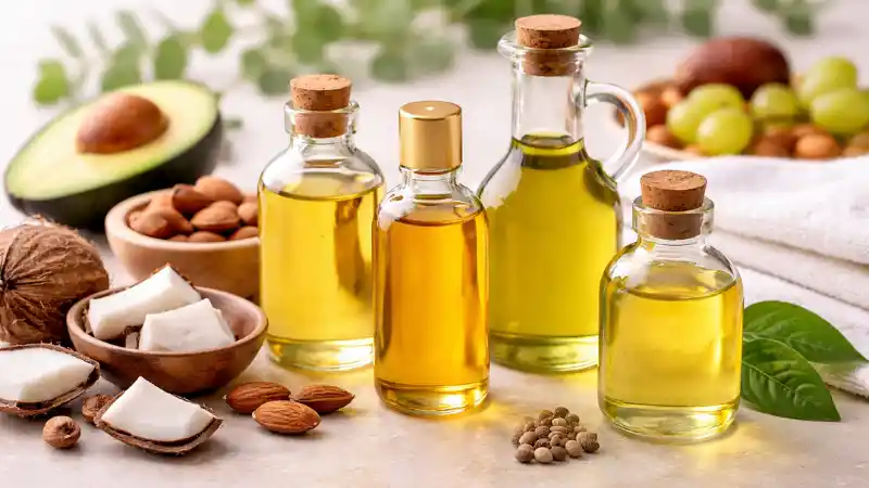 Huile végétale peau sèche : laquelle choisir ? Huile végétale peau sèche naturelle présentée en flacons avec ingrédients comme avocat et amandes