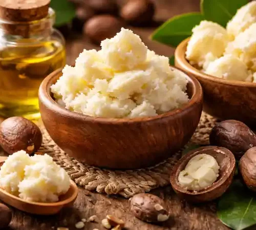 Beurre de karité brut dans des bols en bois avec noix et huile – meilleur beurre de karité naturel