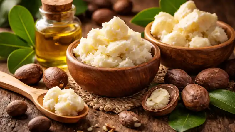 Quel est le meilleur beurre de karité naturel ? Beurre de karité brut dans des bols en bois avec noix et huile – meilleur beurre de karité naturel