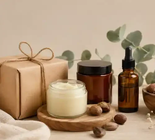 Idée cadeau cosmétique naturel avec coffret soin au beurre de karité, huile végétale et accessoires beauté naturels sur fond beige épuré