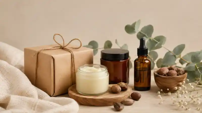 Idée cadeau cosmétique naturel avec coffret soin au beurre de karité, huile végétale et accessoires beauté naturels sur fond beige épuré