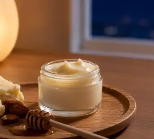 Crème mains réparatrice nuit maison au beurre de karité, huile d’amande douce et miel dans un pot en verre sur un plateau en bois.