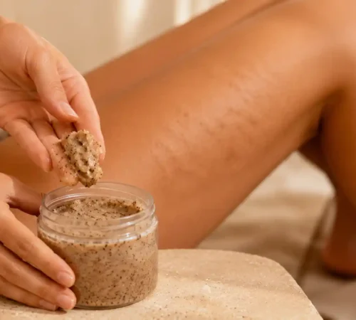 Gommage anti-cellulite naturel maison prélevé dans un pot avant application sur la peau.