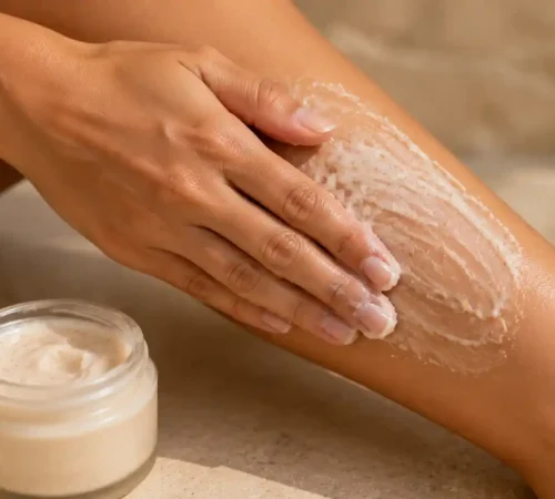 Gommage peau d'orange maison naturel appliqué sur la jambe avec une texture crémeuse visible.