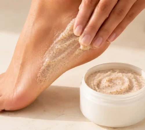 Gommage pieds rugueux naturel maison Application d'un gommage naturel sur un talon rugueux pour exfolier et adoucir la peau