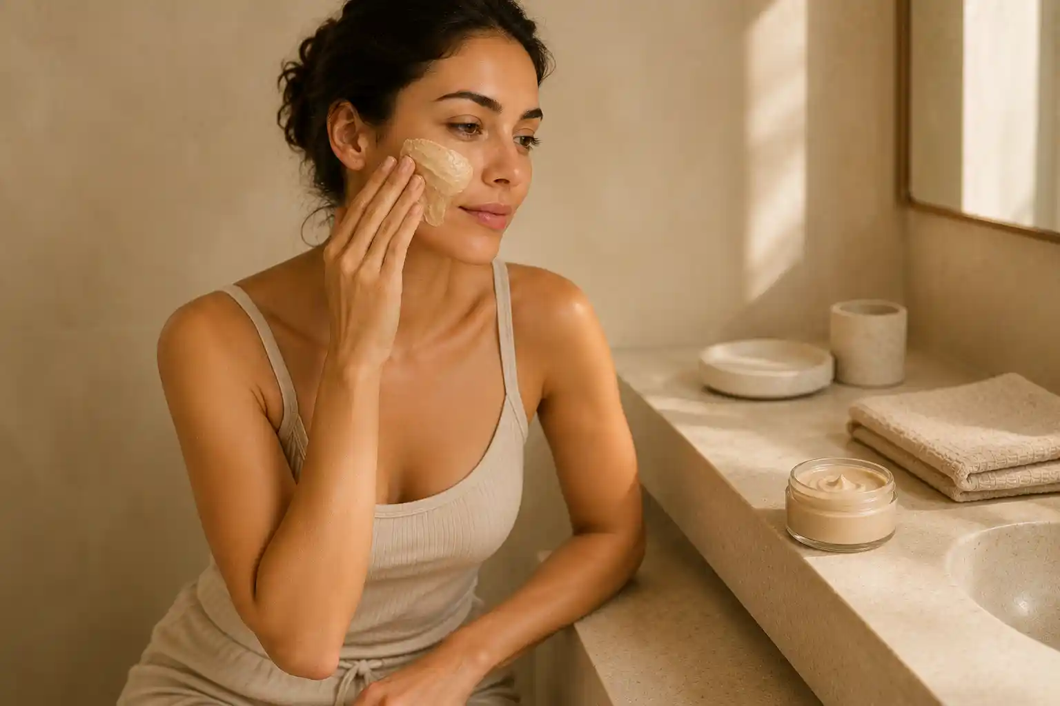 Masque teint terne naturel fait maison appliqué sur la joue pour raviver l'éclat de la peau.