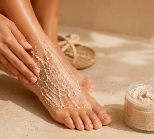 Application d'un gommage naturel sur un pied sec pour exfolier la peau avant le port de sandales.