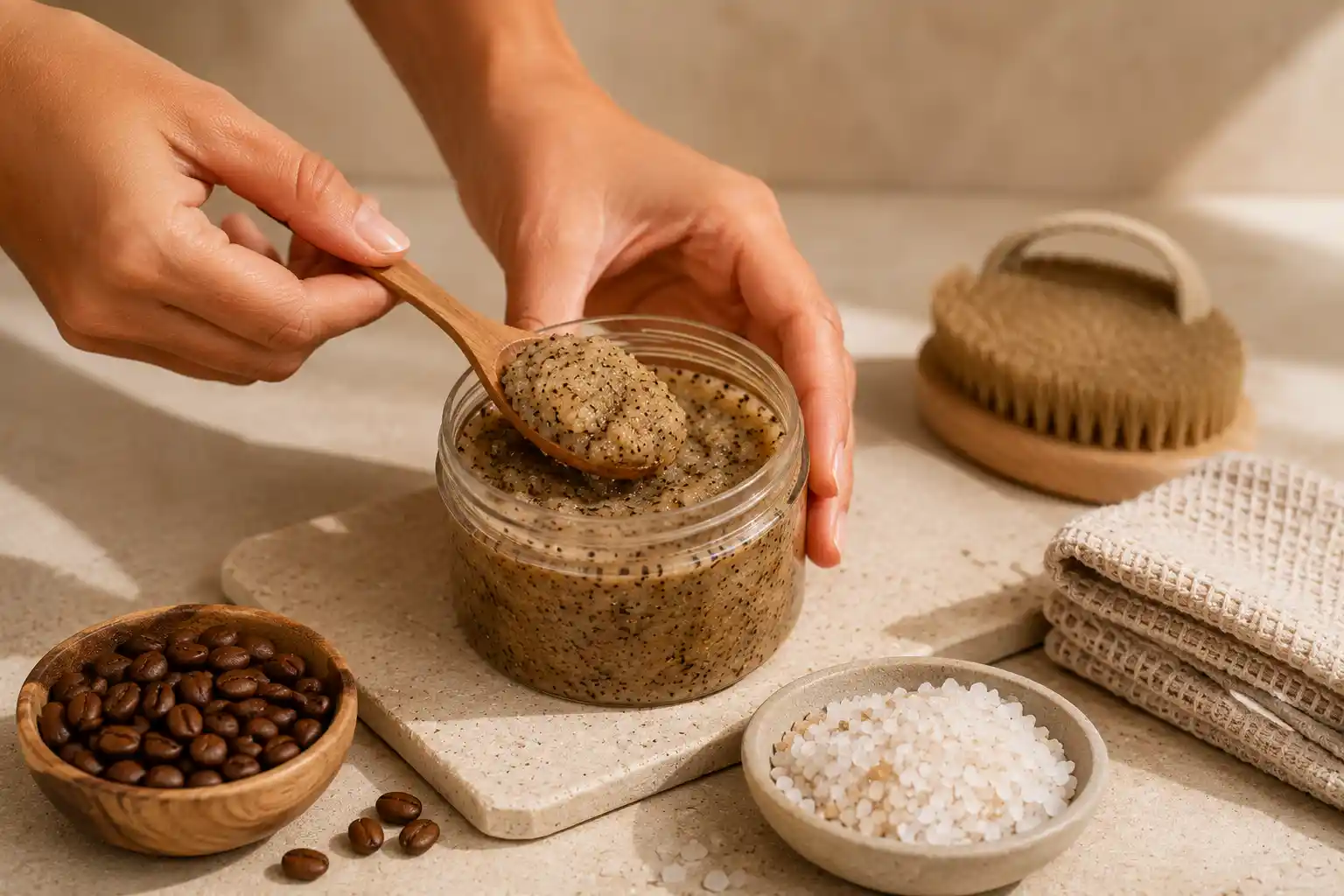 Recette gommage spécial cellulite préparée avec des ingrédients naturels dans un pot.