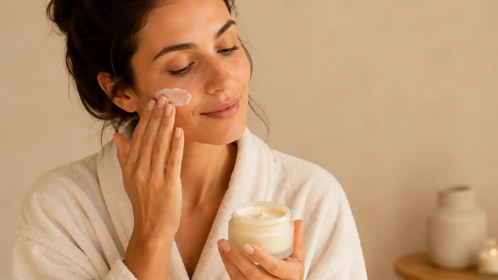 Femme appliquant une crème visage dans une routine beauté naturelle du week-end