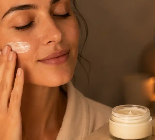 Soin réparateur visage nuit maison Application d'une crème réparatrice de nuit sur le visage avec un pot de soin ouvert