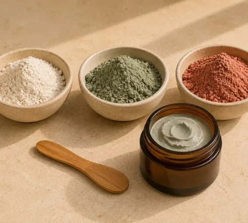 Argile visage naturelle quelle choisir Argile visage naturelle quelle choisir avec argiles verte, blanche et rouge dans des bols et un pot cosmétique.