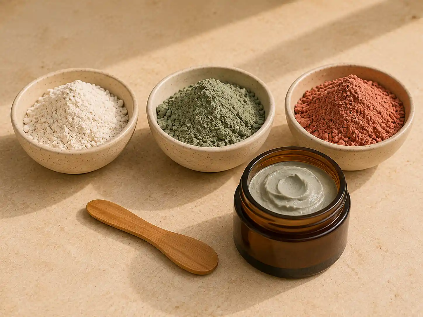 Argile visage naturelle quelle choisir Argile visage naturelle quelle choisir avec argiles verte, blanche et rouge dans des bols et un pot cosmétique.