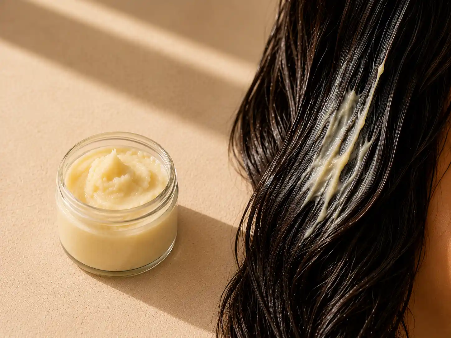 Beurre de karité pour les cheveux Beurre de karité pour les cheveux avec un pot rempli et une chevelure naturelle souple et brillante.