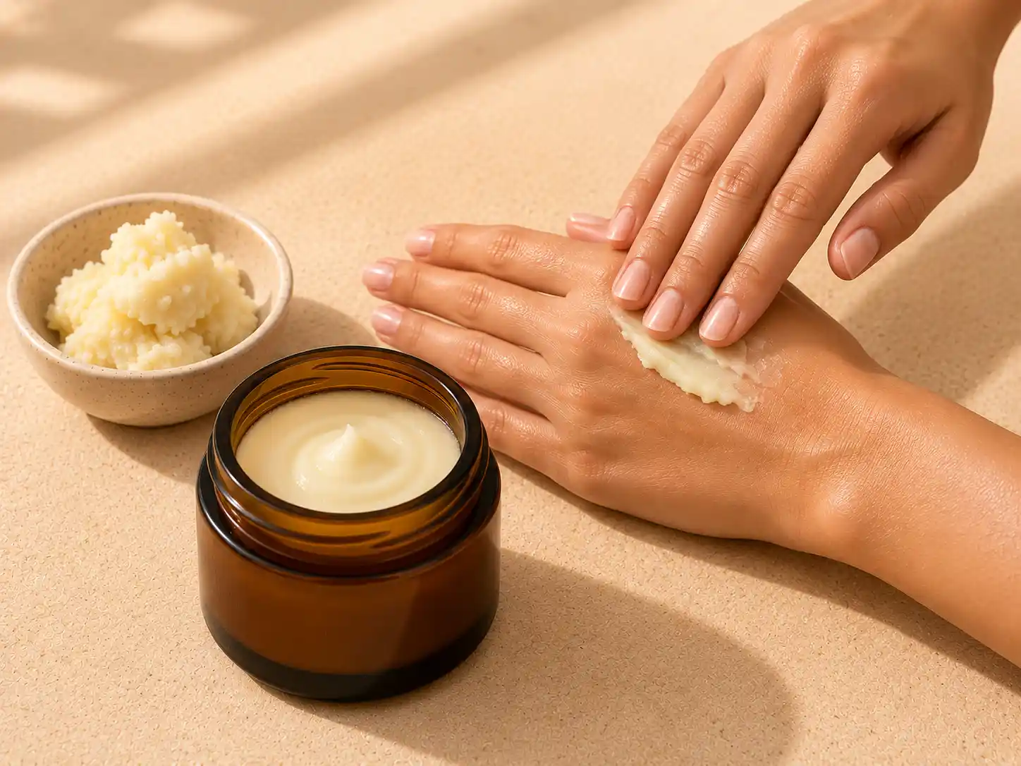 Beurre de Karité pour les mains Beurre de karité pour les mains appliqué sur une peau naturelle, avec un pot rempli de beurre de karité.