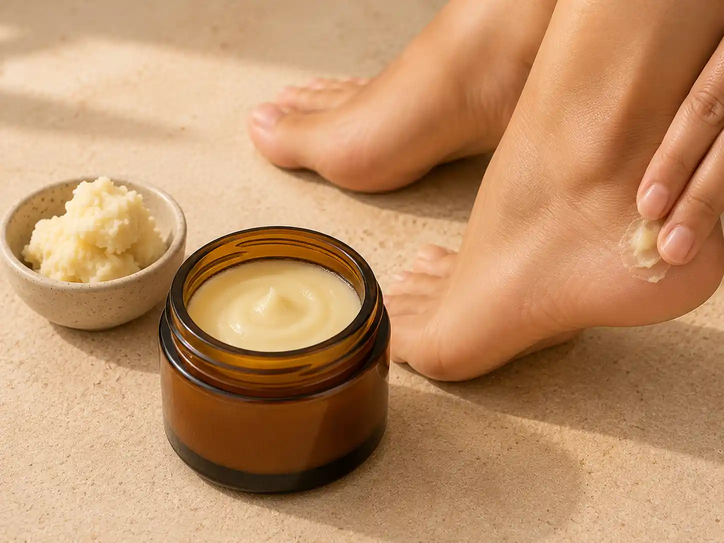 Beurre de karité pour les pieds Beurre de karité pour les pieds présenté avec un pot de beurre brut et un pied sur fond beige.