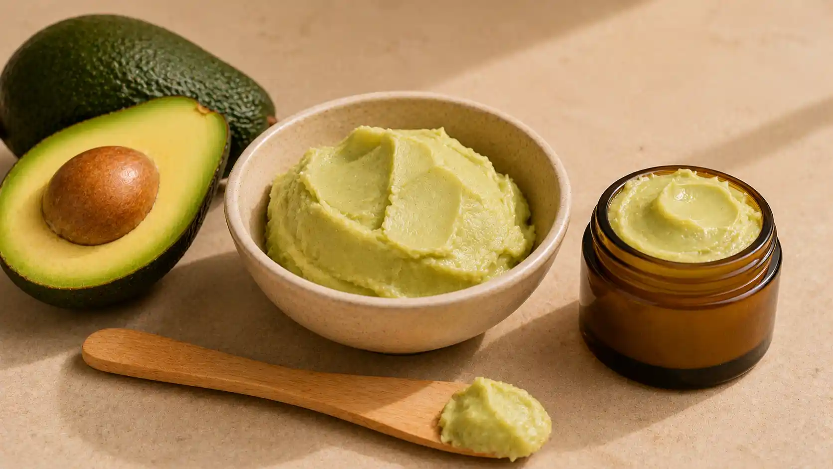Les 10 bienfaits du beurre d'avocat pour la peau et les cheveux avec beurre d'avocat, avocat frais et pot cosmétique.