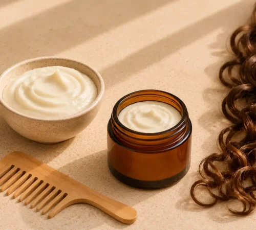 Crème naturelle pour boucler cheveux Crème naturelle pour boucler cheveux avec crème onctueuse, pot cosmétique, peigne en bois et boucles naturelles.