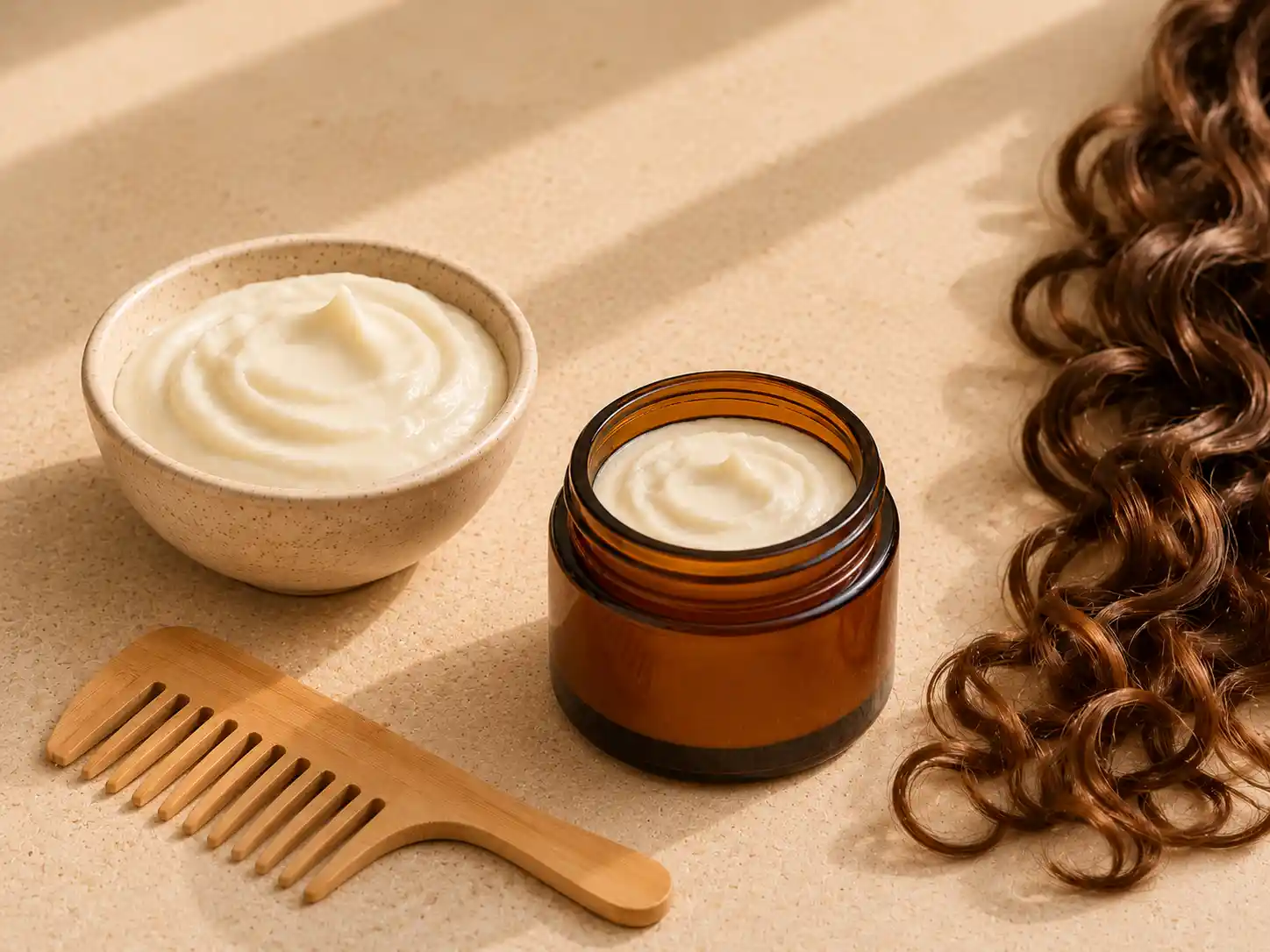 Crème naturelle pour boucler cheveux Crème naturelle pour boucler cheveux avec crème onctueuse, pot cosmétique, peigne en bois et boucles naturelles.