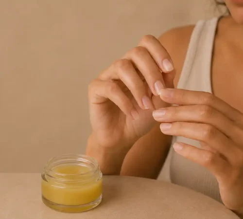 Recette soin ongles cassants Recette soin ongles cassants avec une femme appliquant un soin naturel sur ses ongles.