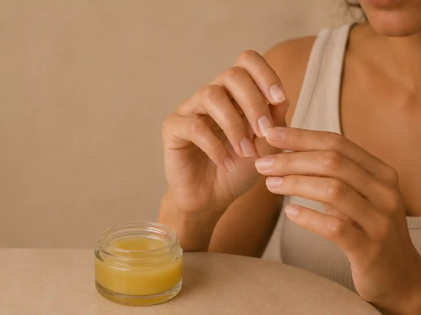 Recette soin ongles cassants Recette soin ongles cassants avec une femme appliquant un soin naturel sur ses ongles.