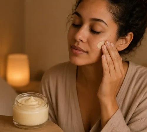 Recette soin réparateur visage nuit Recette soin réparateur visage de nuit avec une femme appliquant un soin naturel sur son visage.