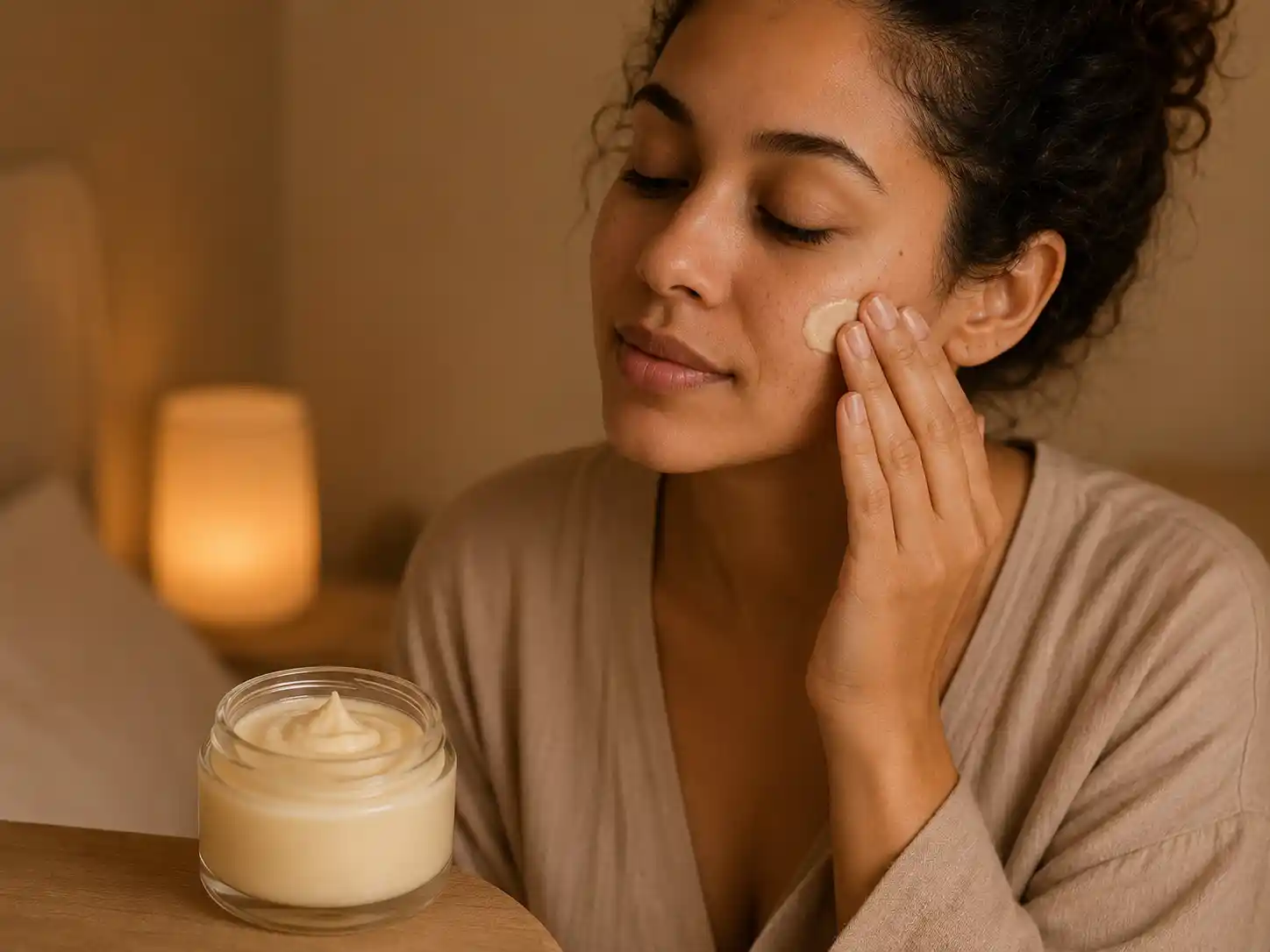 Recette soin réparateur visage nuit Recette soin réparateur visage de nuit avec une femme appliquant un soin naturel sur son visage.