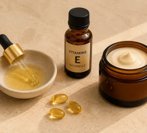 Soin anti-âge vitamine E naturel maison Soin anti-âge vitamine E naturel maison avec flacon de vitamine E, capsules, huile dorée et pot de crème cosmétique.