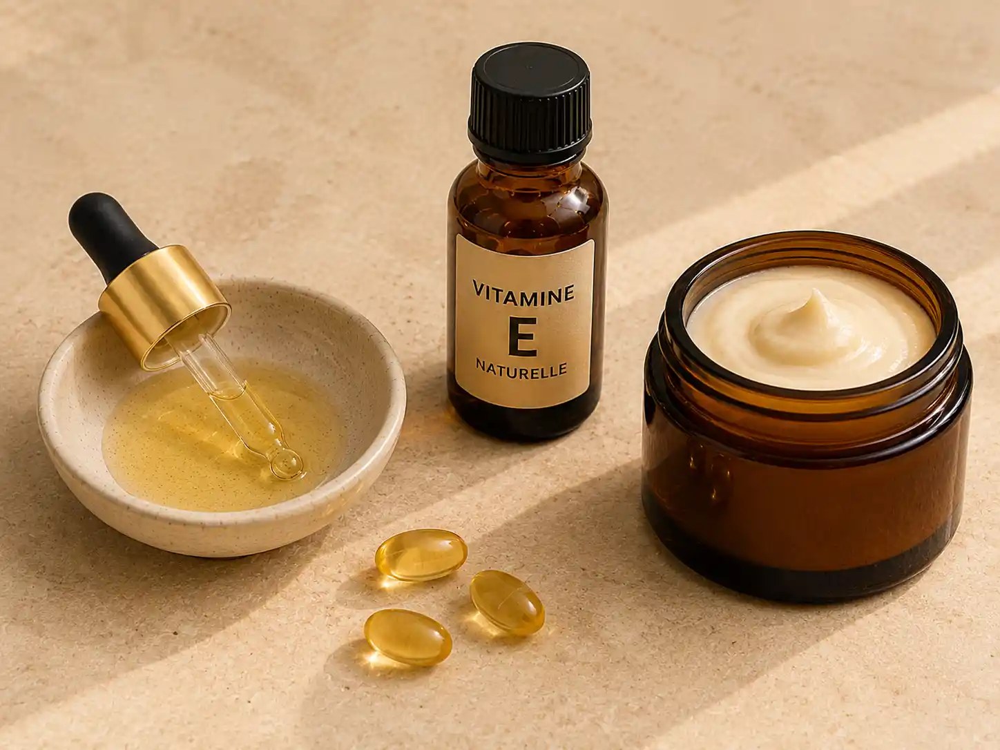 Soin anti-âge vitamine E naturel maison avec flacon de vitamine E, capsules, huile dorée et pot de crème cosmétique.